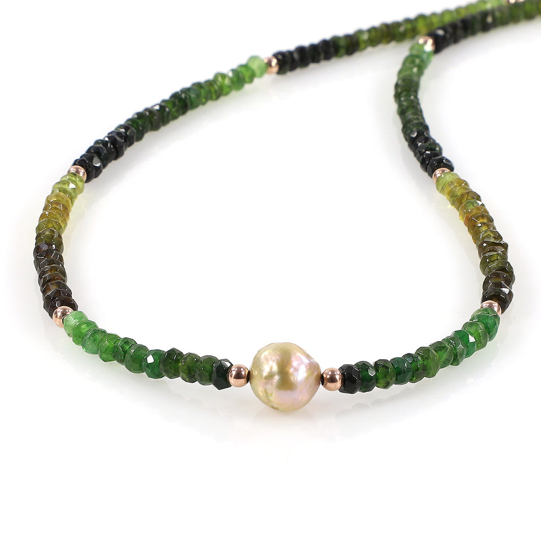 Green Tourmaline and Pearl Silver Necklace