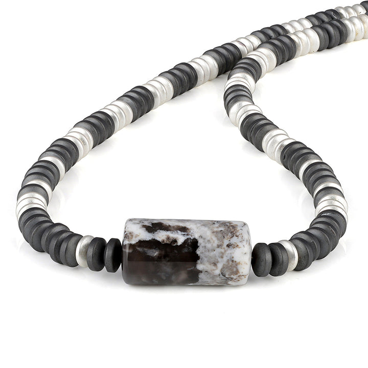 Hematite and Dendrite Opal Silver Necklace