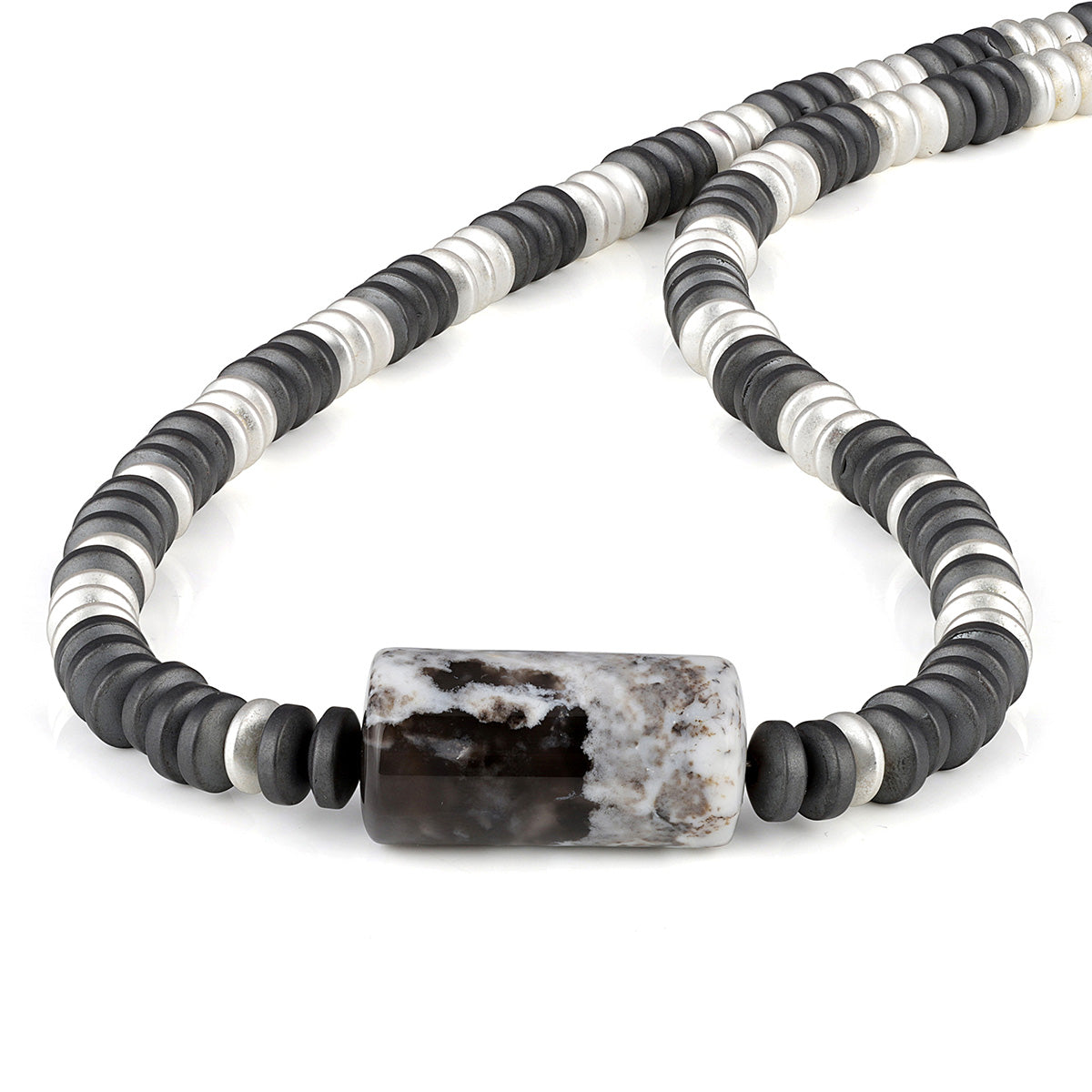Hematite and Dendrite Opal Unisex Silver Necklace