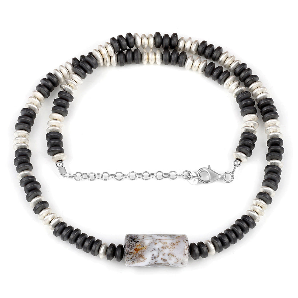 Hematite and Dendrite Opal Unisex Silver Necklace
