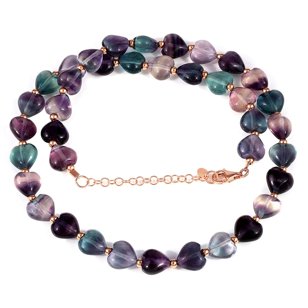 Multi Fluorite Heart Beads Silver Necklace