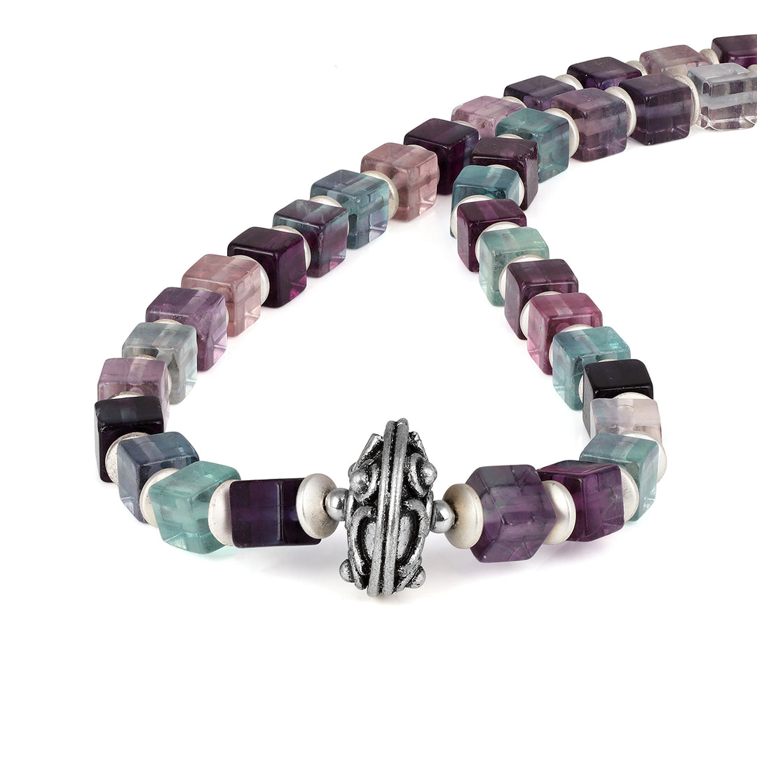 Fluorite and Hematite Beads Silver Unisex Necklace