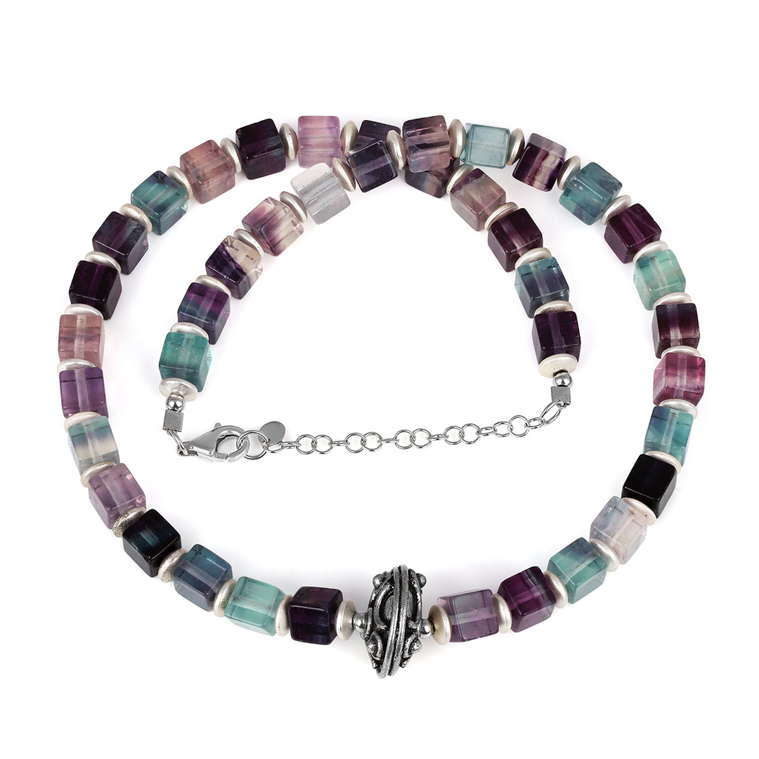 Fluorite and Hematite Beads Silver Unisex Necklace