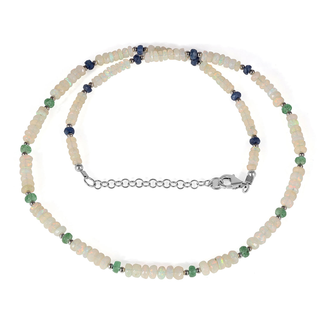 Ethiopian Opal, Emerald and Sapphire Silver Necklace