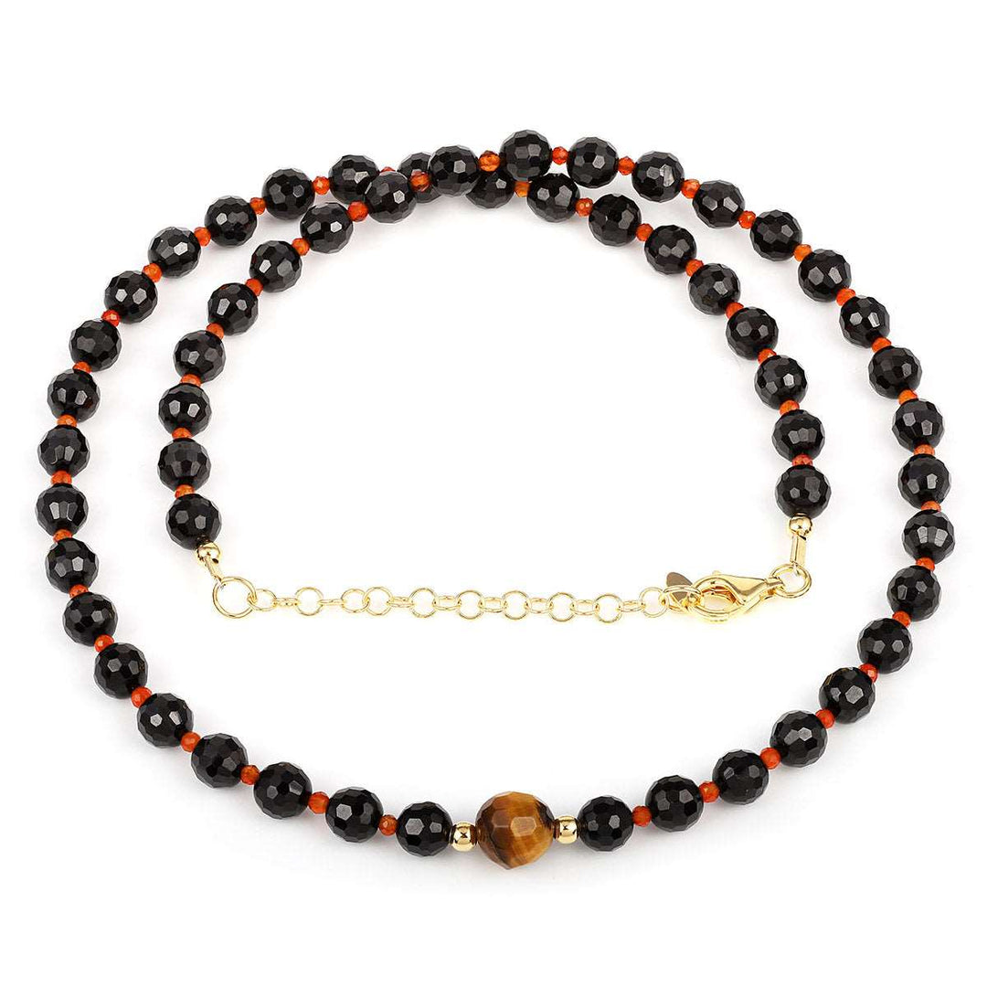 Black Spinel, Red Onyx and Tiger's Eye Silver Necklace