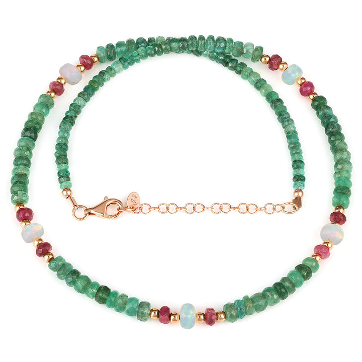 Emerald, Ethiopian Opal and Tourmaline Silver Necklace