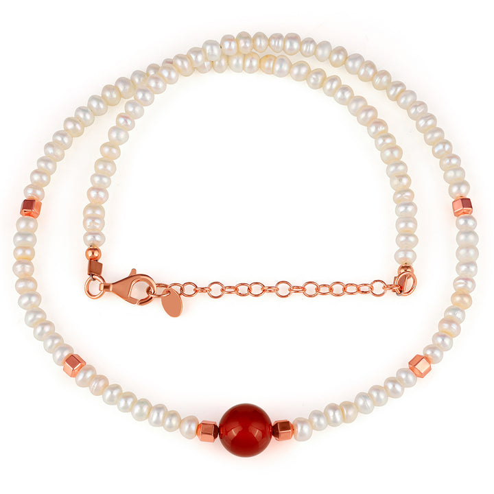 Sterling Silver Pearl and Red Onyx Necklace