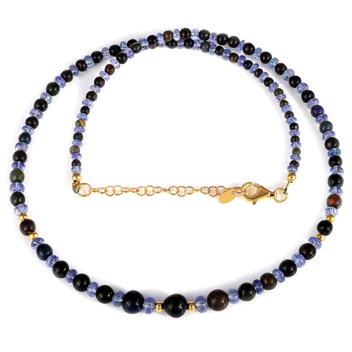 Ethiopian Black Opal and Tanzanite Silver Necklace