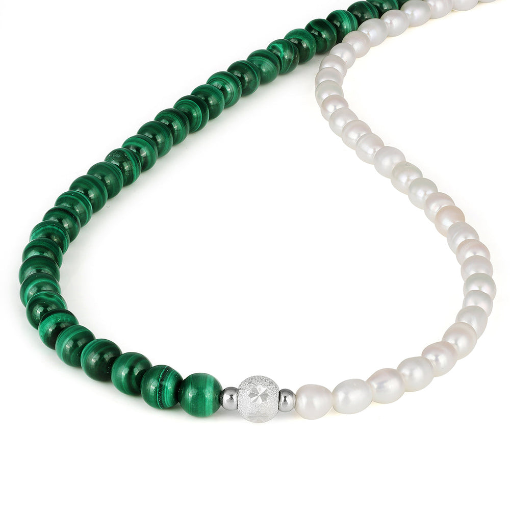 Pearl and Malachite Choker Silver Necklace