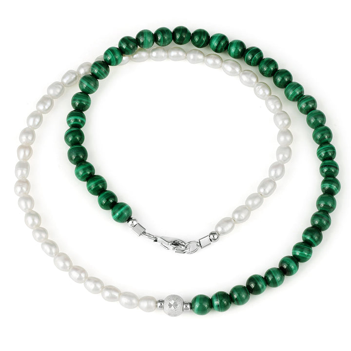 Pearl and Malachite Choker Silver Necklace