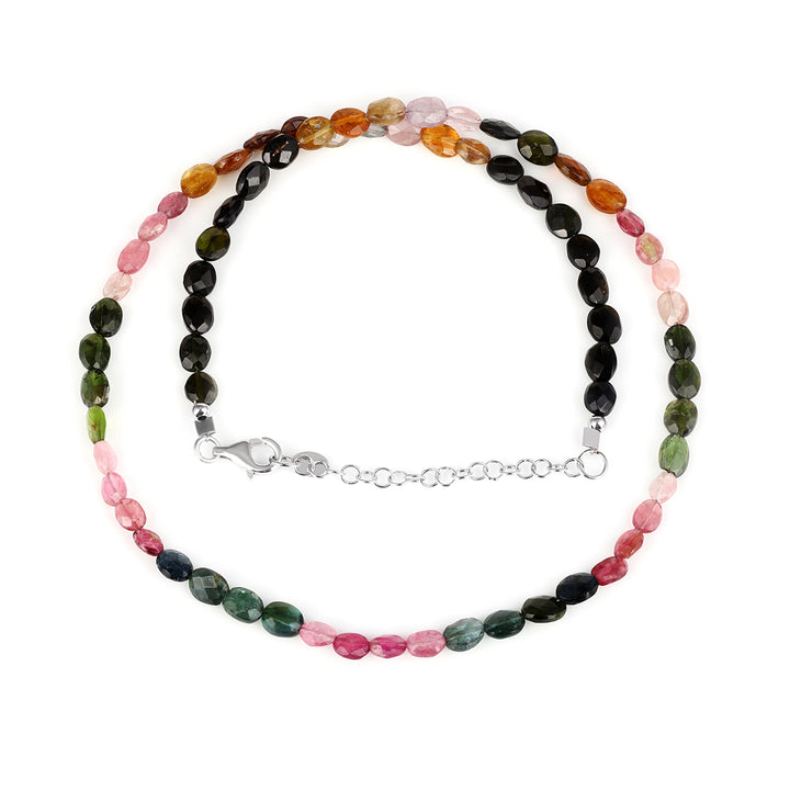 Multi Tourmaline Oval Beads Silver Necklace