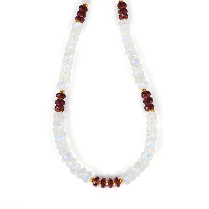 Rainbow Moonstone and Garnet Silver Necklace