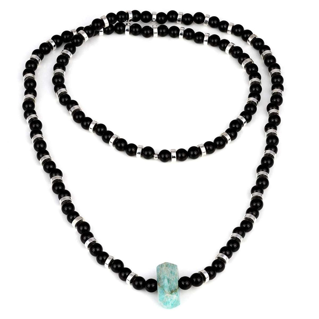 Black Onyx, Amazonite and Hematite Silver Necklace