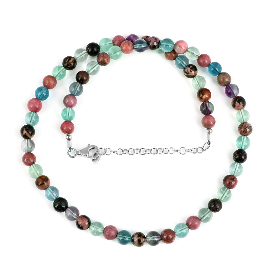 Fluorite and Rhodonite Unisex Silver Necklace