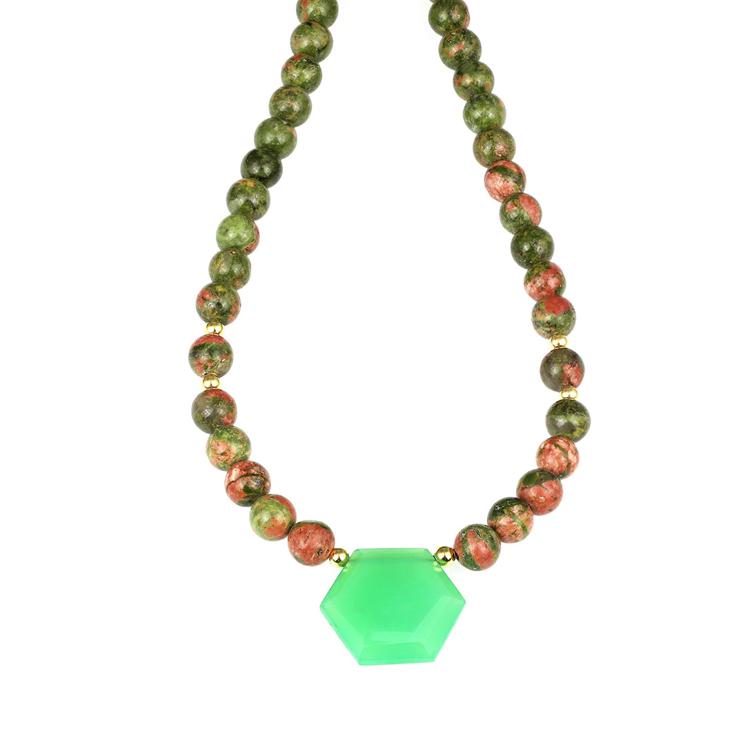 Unakite and Chalcedony Silver Necklace