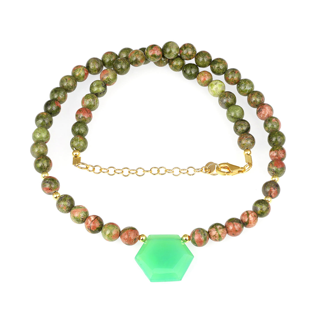 Unakite and Chalcedony Silver Necklace