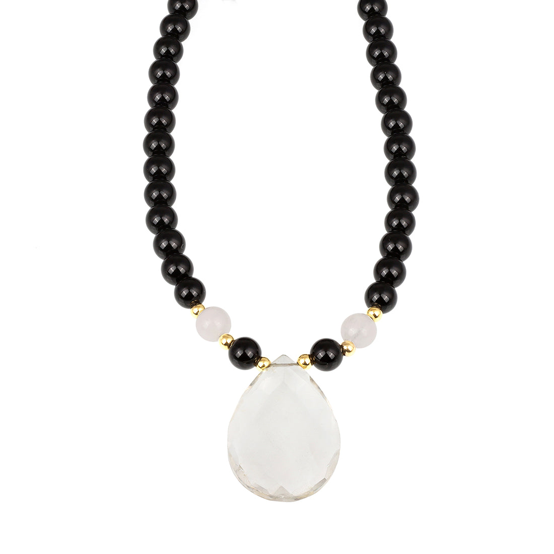 Black Onyx, Selenite and Crystal Quartz Silver Necklace