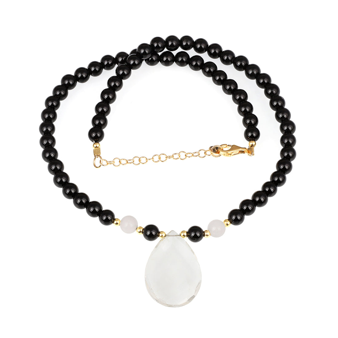 Black Onyx, Selenite and Crystal Quartz Silver Necklace