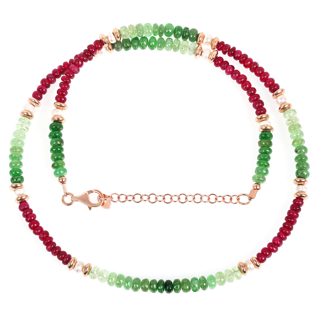 Tsavorite, Pearl and Ruby Silver Necklace