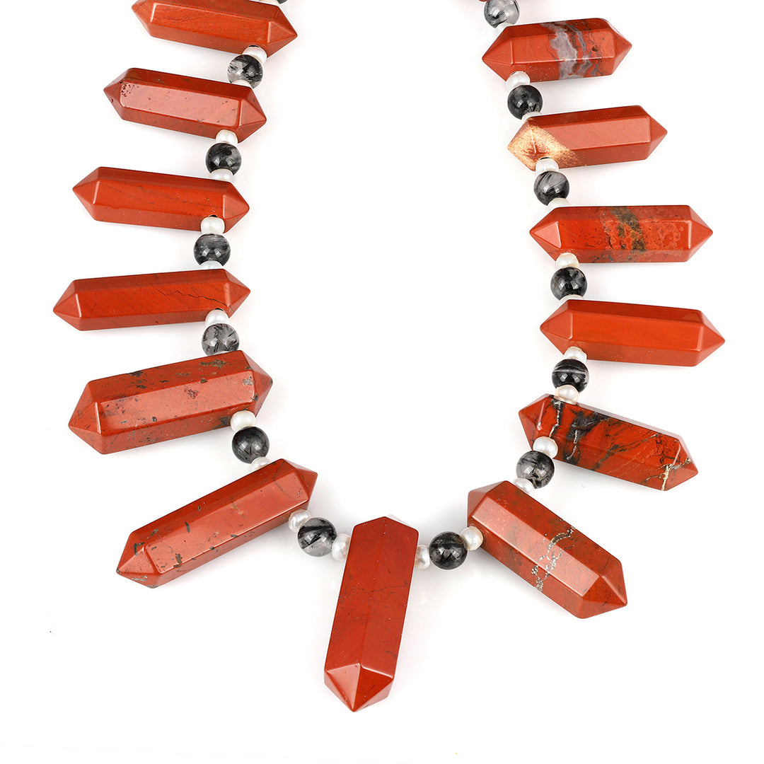 Red Jasper, Black Rutile and Pearl Silver Necklace