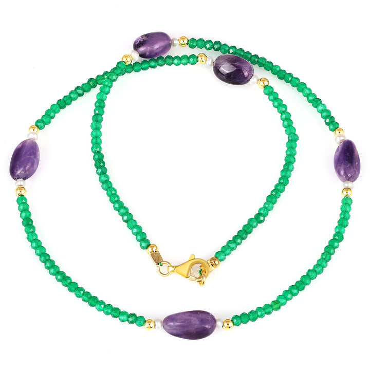 Green Onyx, Pearl and Amethyst Silver Necklace