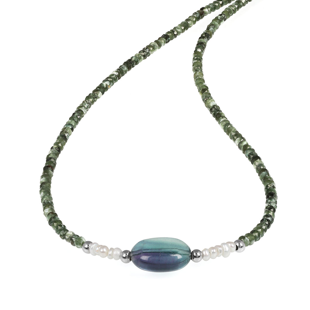 Seraphinite, Pearl and Fluorite Silver Necklace