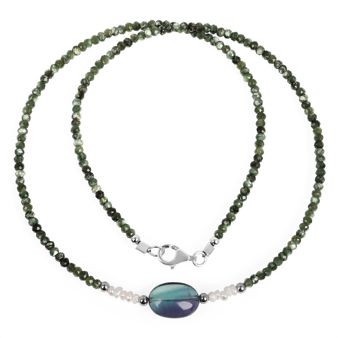Seraphinite, Pearl and Fluorite Silver Necklace