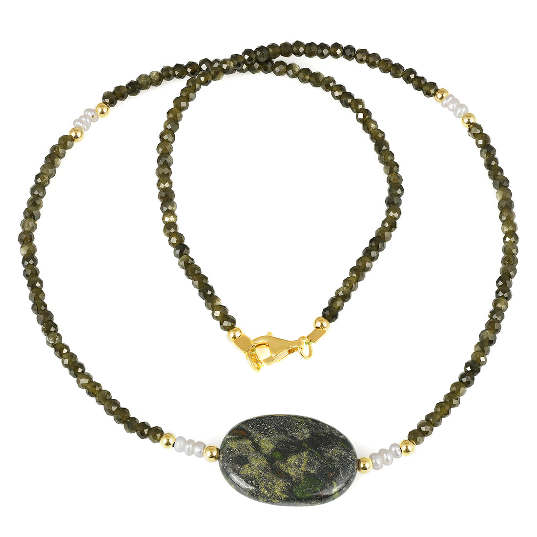 Golden Obsidian and Blood Jasper Silver Necklace