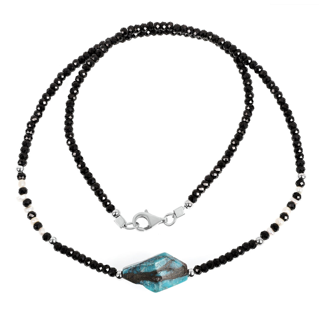 Black Spinel, Pearl and Turquoise Silver Necklace