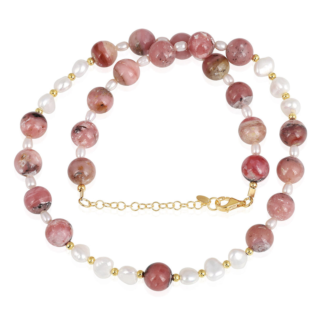 Pink Opal and Pearl Silver Necklace