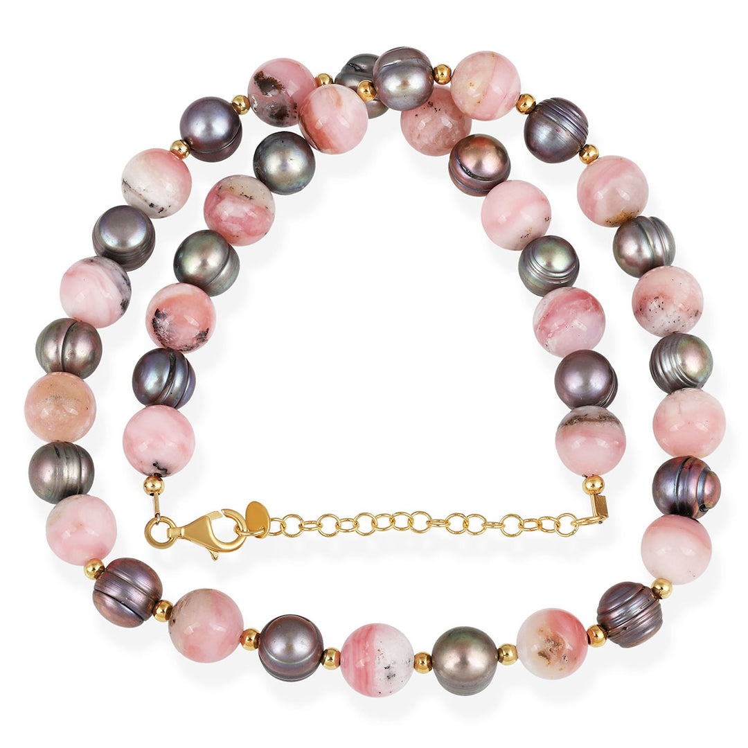 Pink Opal and Black Pearl Silver Necklace