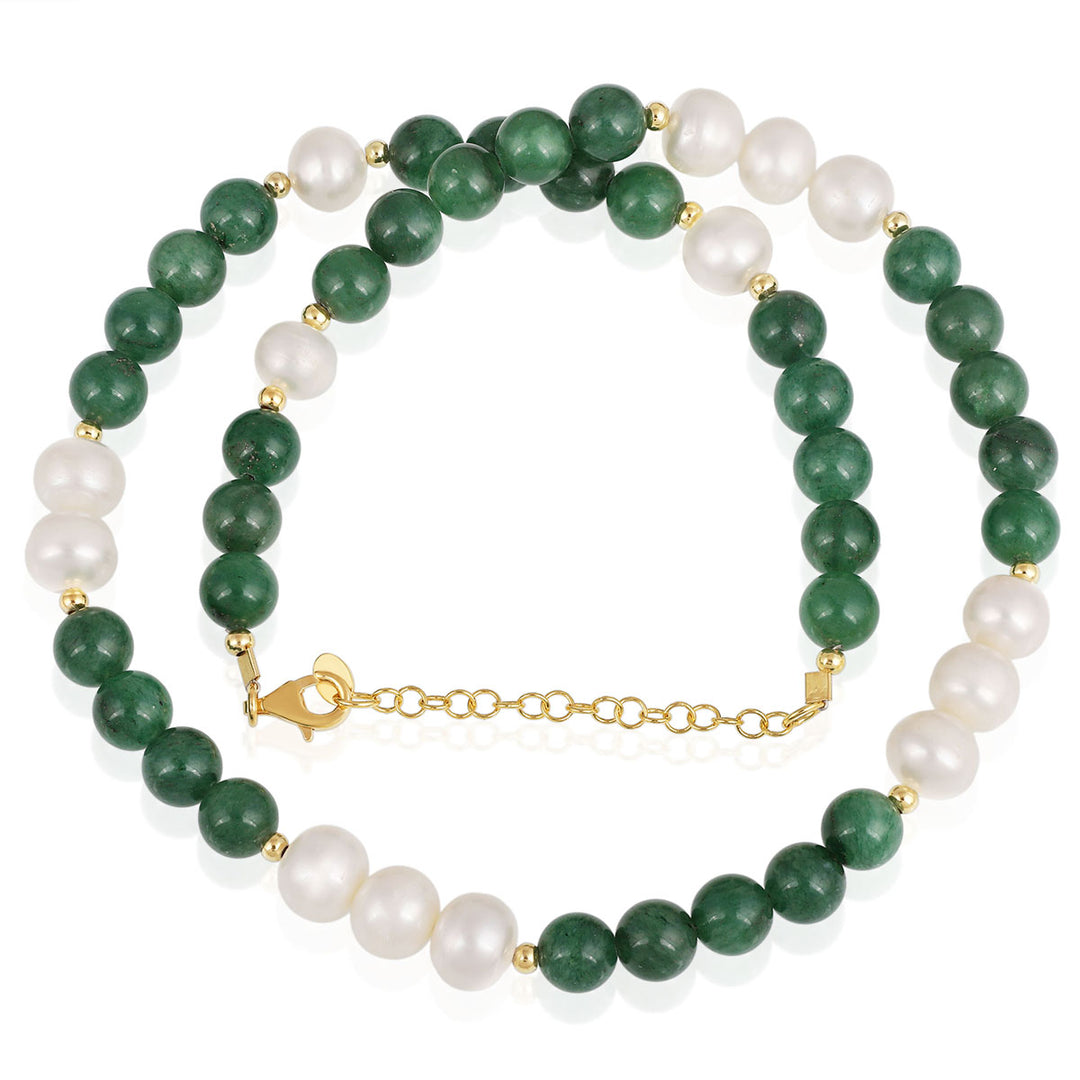 Green Aventurine and Pearl Silver Necklace