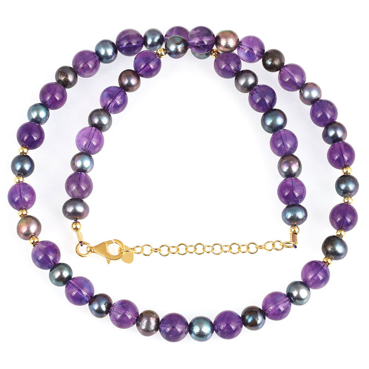 Black Pearl and Amethyst Silver Necklace