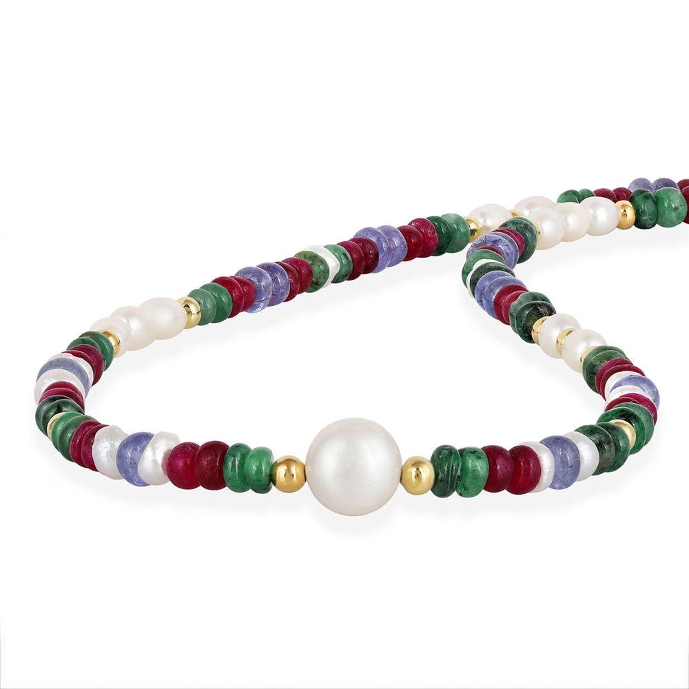 Emerald, Ruby, Tanzanite and Pearl Silver Necklace