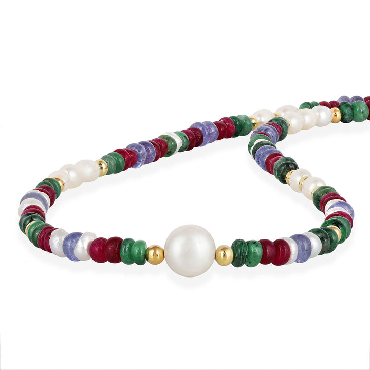 Emerald, Ruby, Tanzanite and Pearl Silver Necklace