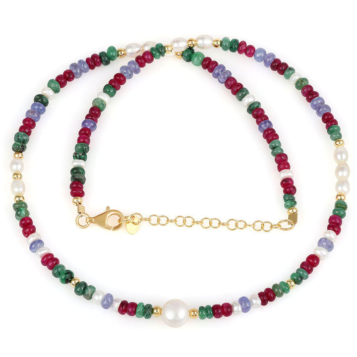 Emerald, Ruby, Tanzanite and Pearl Silver Necklace