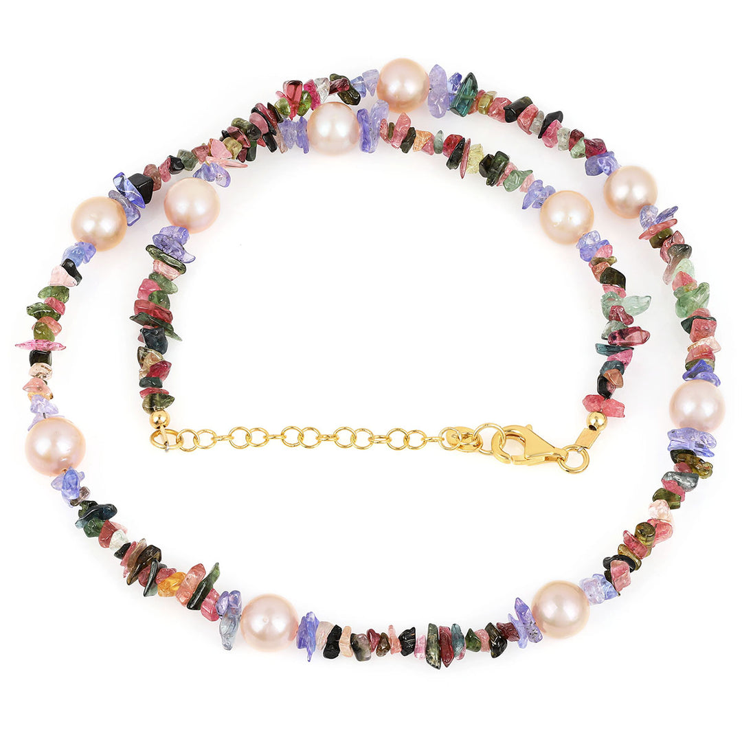 Multi Tourmaline, Tanzanite and Pearl Silver Necklace