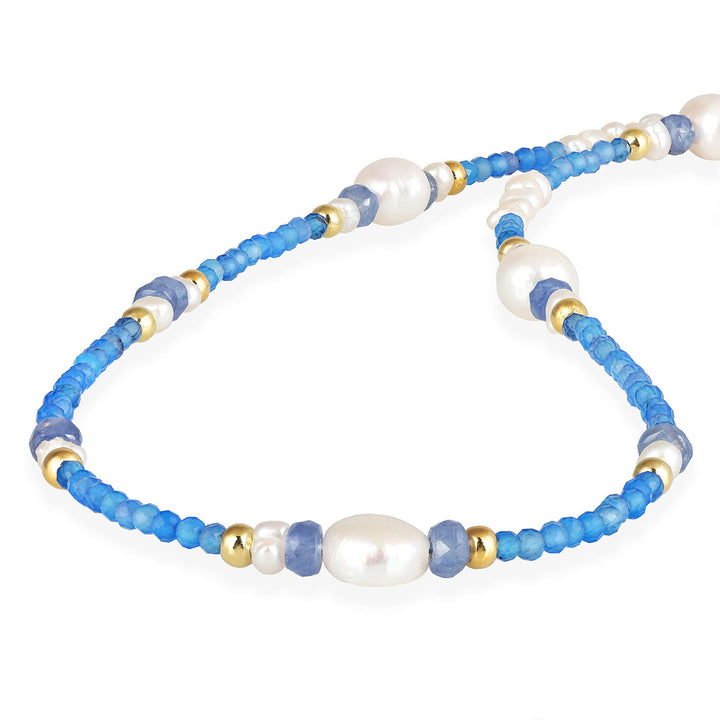 Blue Onyx, Sapphire and Pearl Silver Necklace