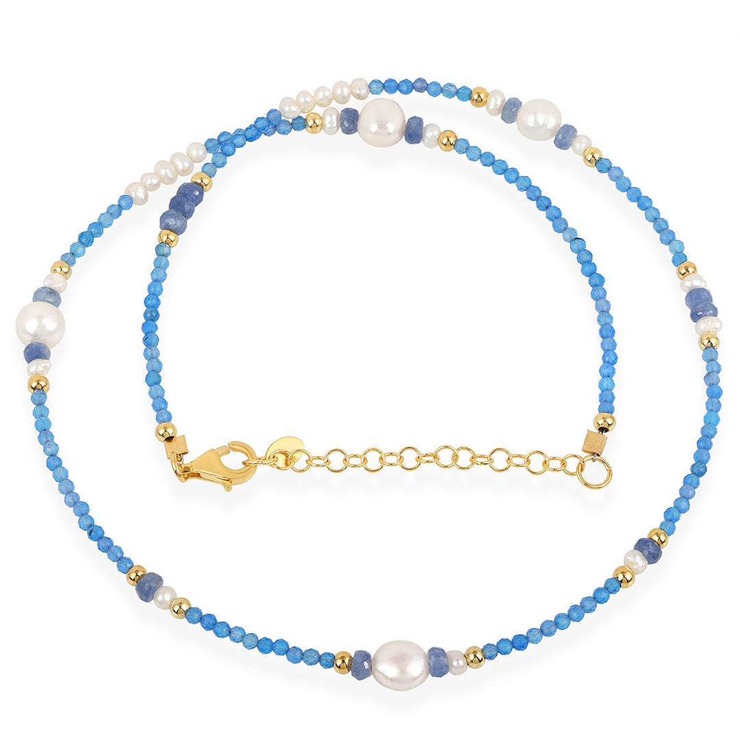 Blue Onyx, Sapphire and Pearl Silver Necklace