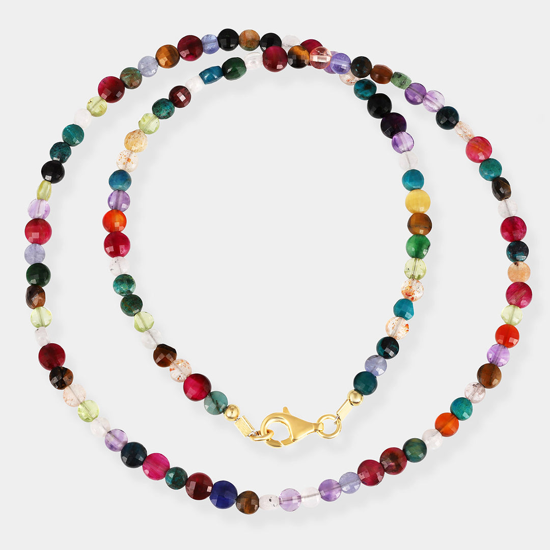 Multi Gemstone Coin Beads Silver Necklace