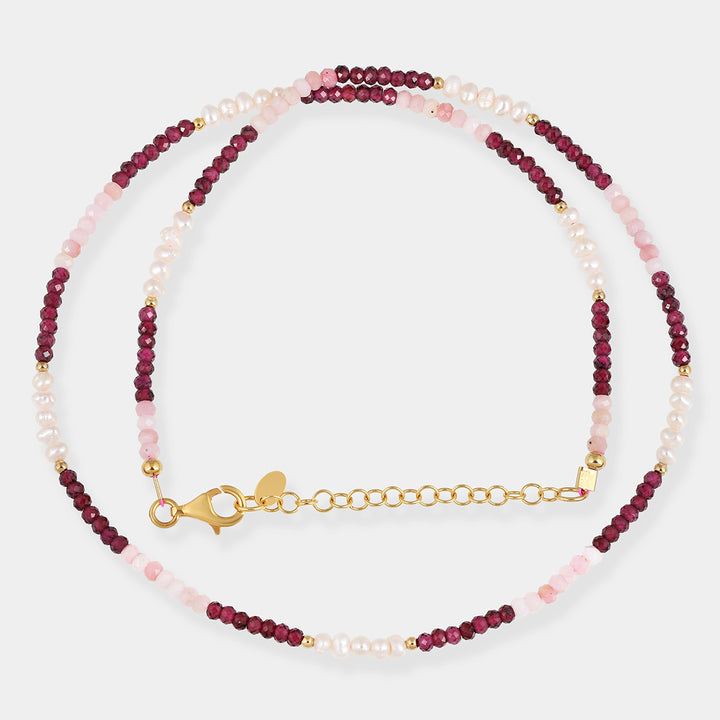 Pink Opal, Garnet and Pearl Silver Necklace