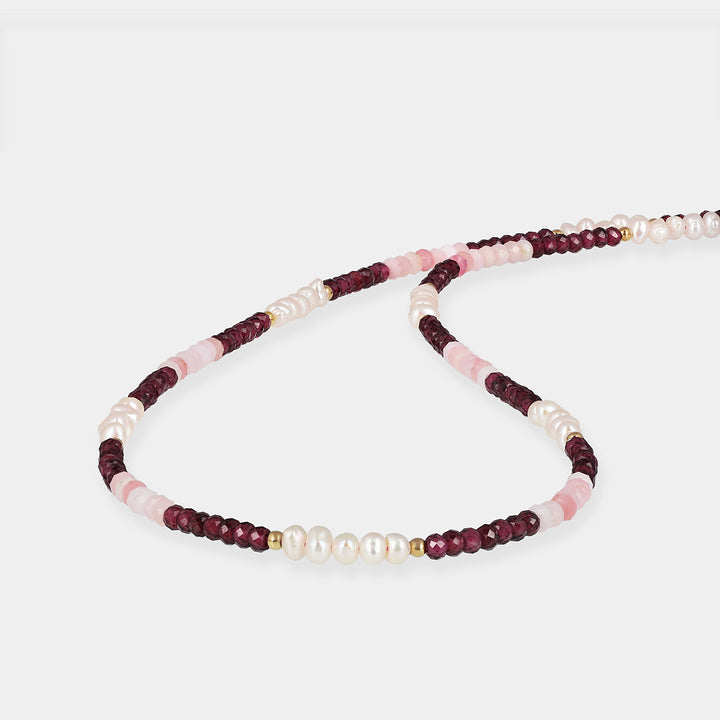 Pink Opal, Garnet and Pearl Silver Necklace