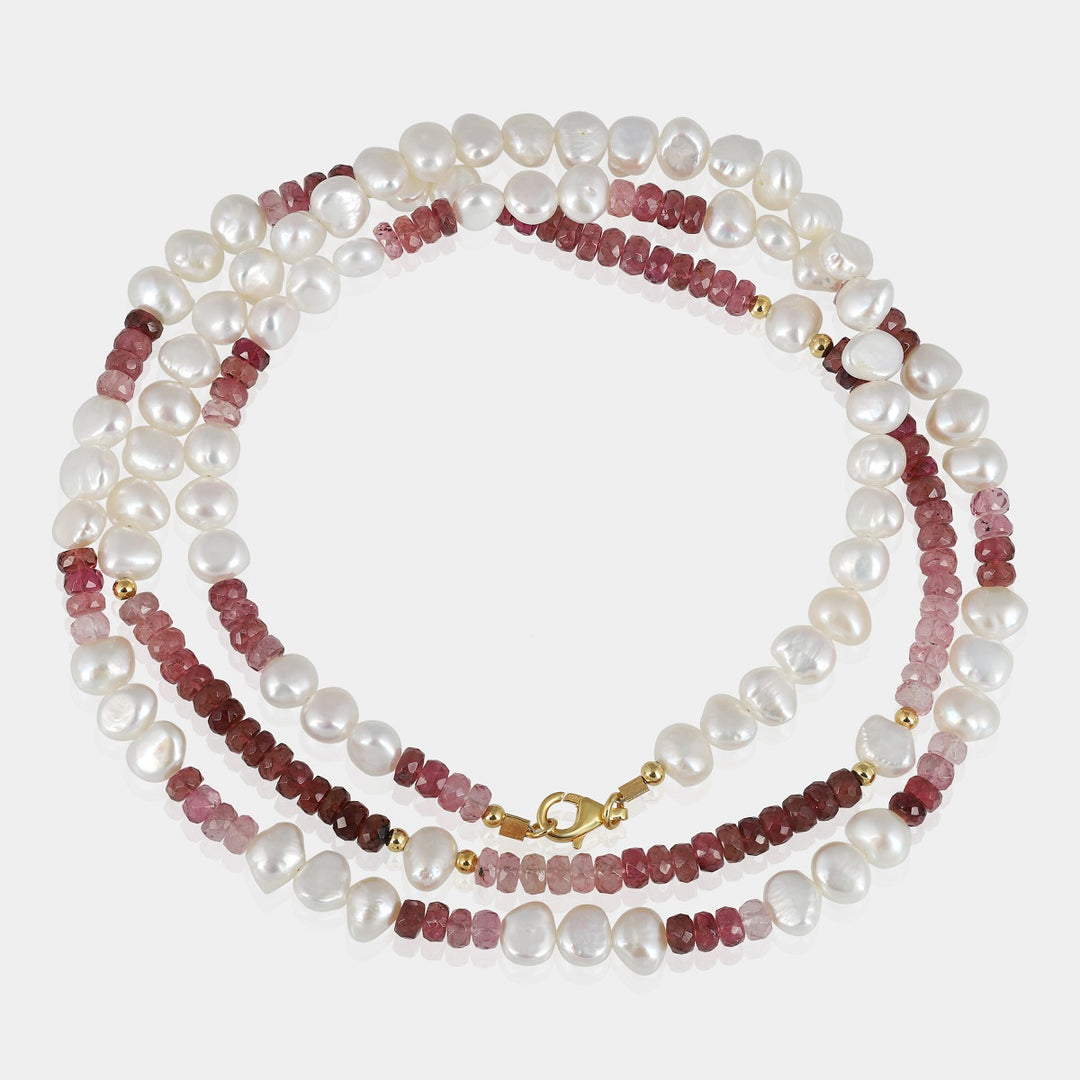 Pearl and Pink Tourmaline Long Necklace