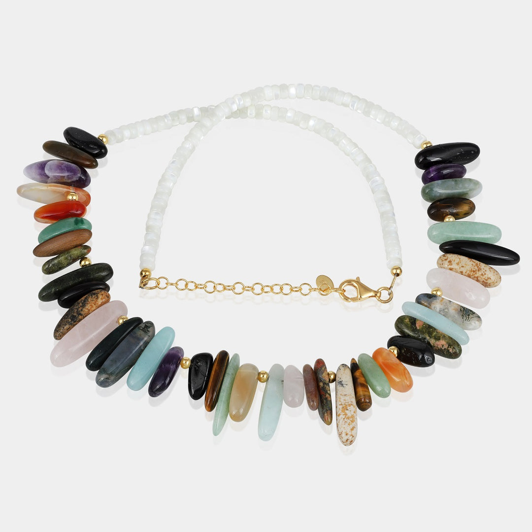 Mother of Pearl and Mix Gemstone Silver Necklace