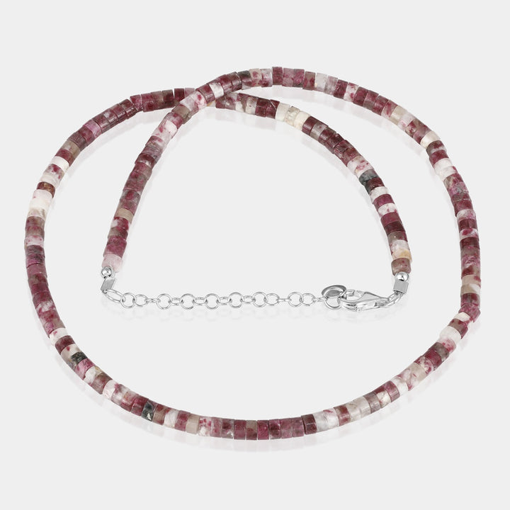 Ruby Heishi Beads Unisex Silver Necklace