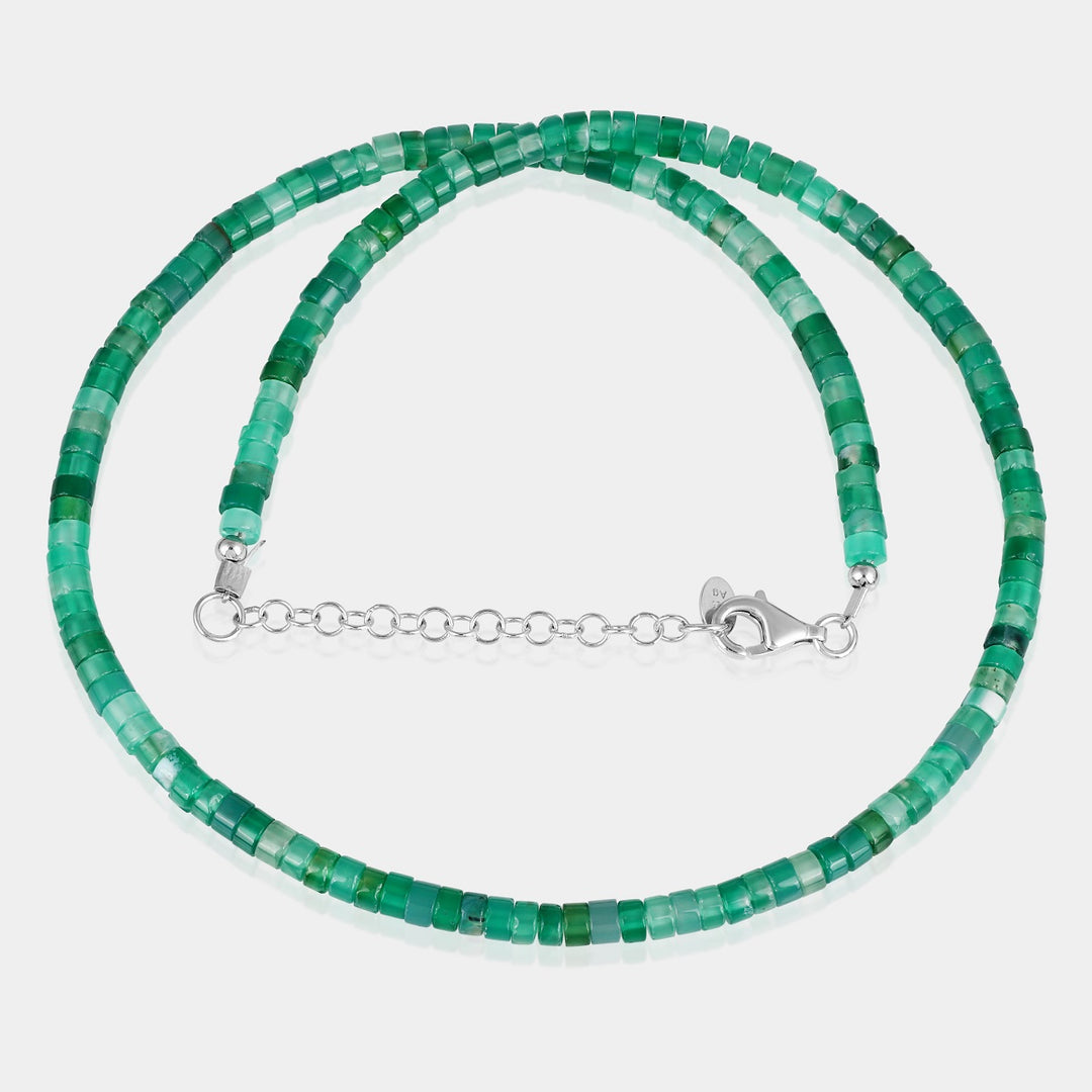 Green Onyx Heishi Beads Unisex Silver Necklace