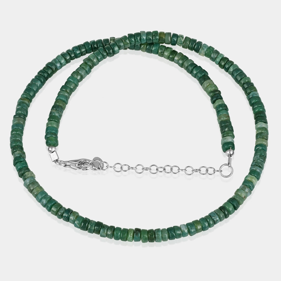 Moss Agate Heishi Beads Unisex Silver Necklace