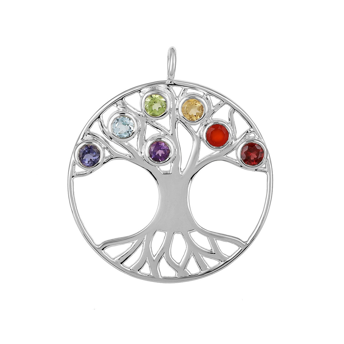 7 Chakra Gemstone Tree of Life Silver Pendant