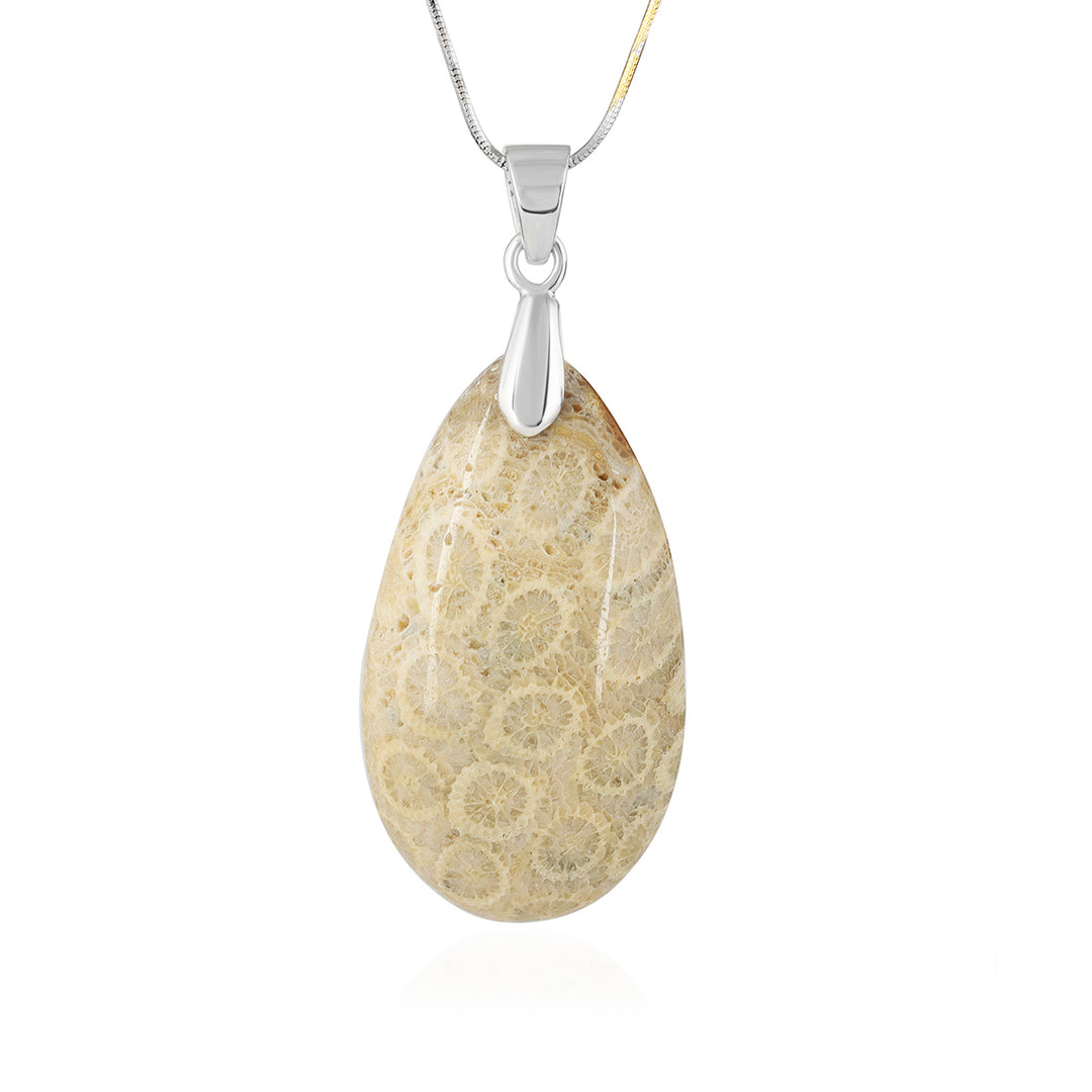 Fossil Coral Pear Cabochon Silver Pendant