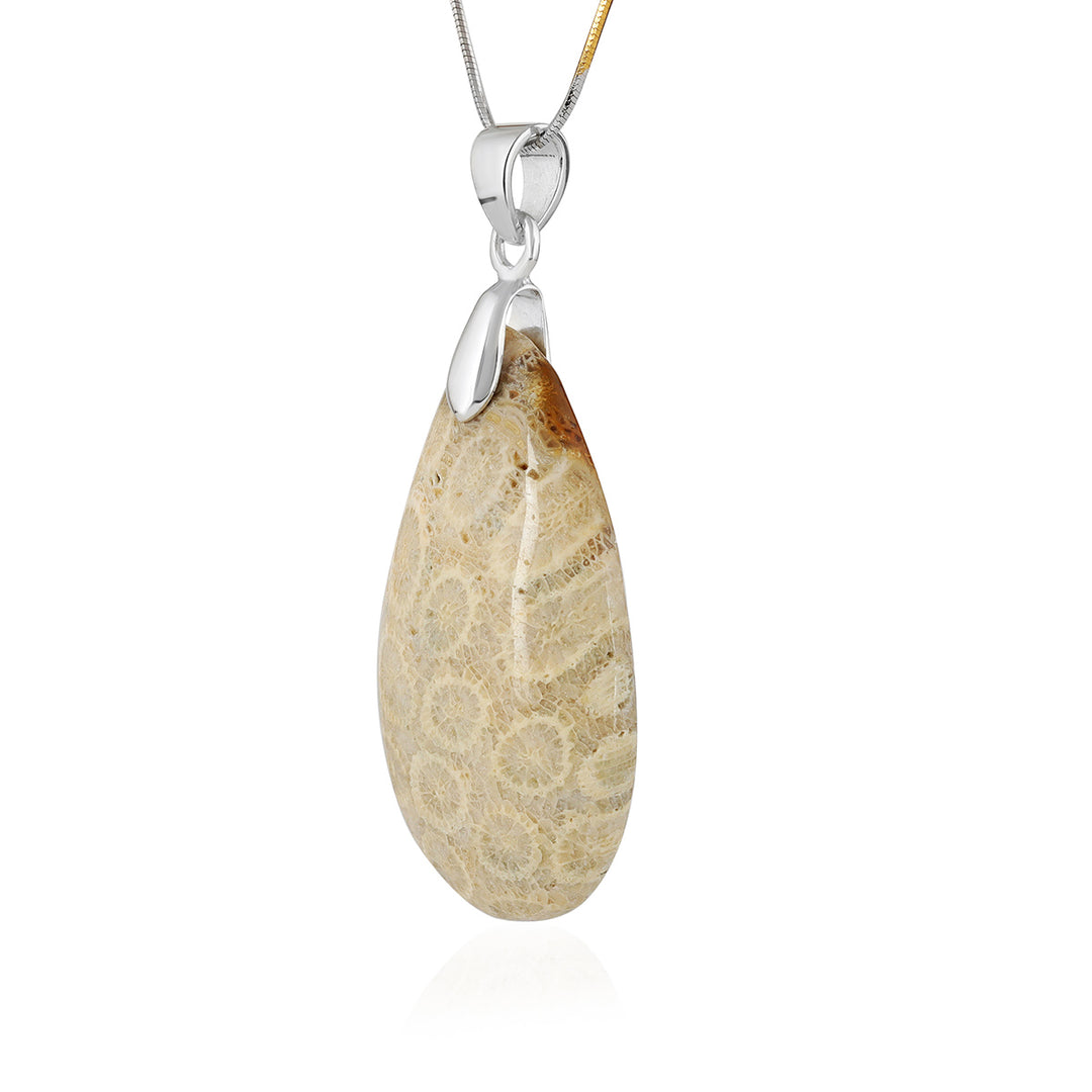 Fossil Coral Pear Cabochon Silver Pendant